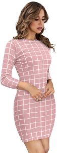 Ladies Peach Checked Bodycon Casual Dress