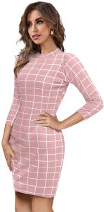 Ladies Peach Checked Bodycon Casual Dress