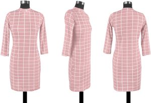 Ladies Peach Checked Bodycon Casual Dress