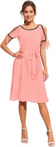 Ladies Peach Cold Shoulder Belted Dress