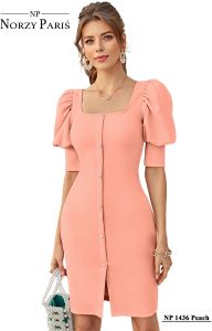 Ladies Peach Puff Sleeve Bodycon Dress