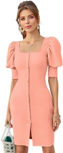 Ladies Peach Puff Sleeve Bodycon Dress