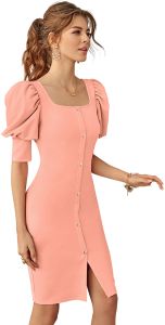 Ladies Peach Puff Sleeve Bodycon Dress