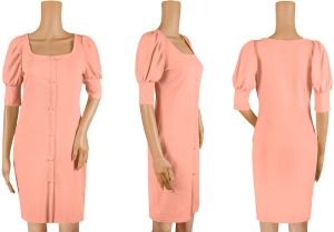 Ladies Peach Puff Sleeve Bodycon Dress