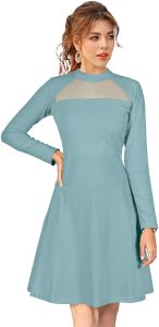 Ladies Pista Green Long Sleeve A-Line Dress