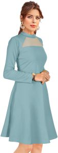 Ladies Pista Green Long Sleeve A-Line Dress