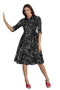 Ladies Printed Shirt Collar Midi Dress