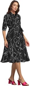 Ladies Printed Shirt Collar Midi Dress