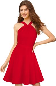 Ladies Red Halter Neck Skater Dress