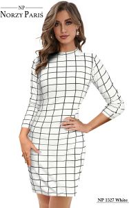 Ladies White Checked Bodycon Casual Dress