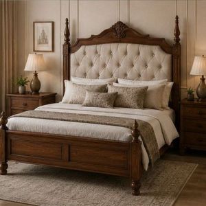 Traditional Carved Upholstered Wooden Bed
