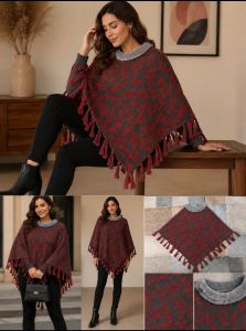 Brown Printed Acrylic Poncho