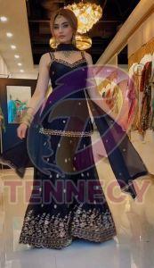 Black Embroidered Frendy Silk Sharara Set