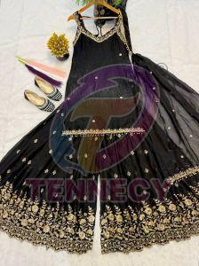 Black Embroidered Frendy Silk Sharara Set