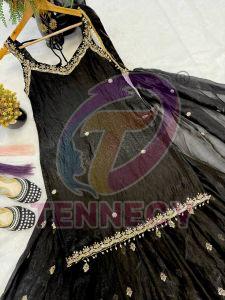 Black Embroidered Frendy Silk Sharara Set