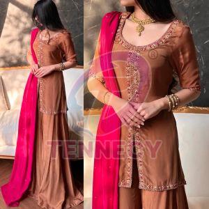 Brown Crepe Silk Sharara Plazzo Set with Pink Dupatta