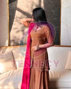 Brown Crepe Silk Sharara Plazzo Set with Pink Dupatta