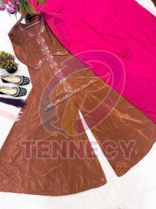 Brown Crepe Silk Sharara Plazzo Set with Pink Dupatta