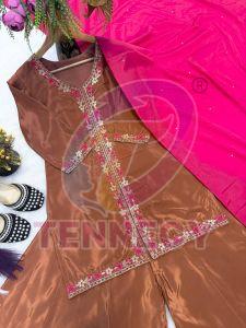 Brown Crepe Silk Sharara Plazzo Set with Pink Dupatta