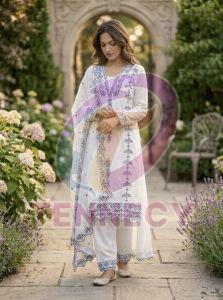 Cotton Thread Embroidered 3 Piece Suit Set