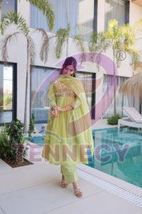 Designer Mal Chanderi Gown Pant Dupatta Set