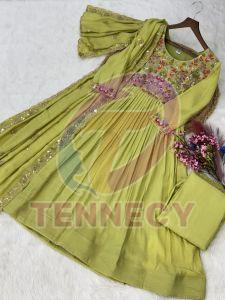 Designer Mal Chanderi Gown Pant Dupatta Set