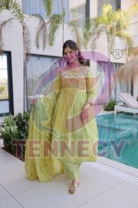 Designer Mal Chanderi Gown Pant Dupatta Set