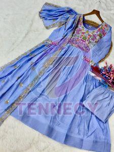 Designer Mal Chanderi Gown Pant Dupatta Set