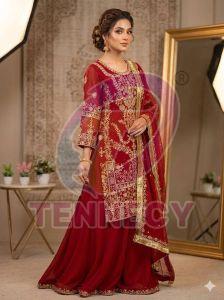 Designer Maroon Georgette Sharara Suit Set