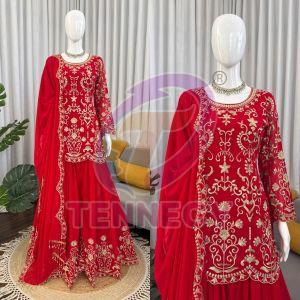 Designer Red Faux Georgette Sharara Set