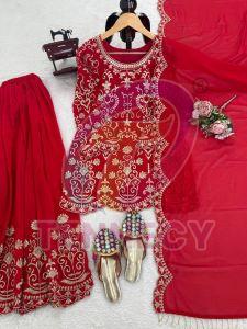 Designer Red Faux Georgette Sharara Set