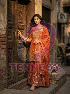 Designer Zamy Chiffon Silk Sharara Set