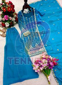 Embroidered Sequins Work Top Palazzo Dupatta Set