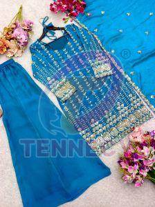Embroidered Sequins Work Top Palazzo Dupatta Set