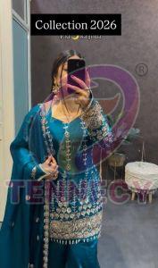 Embroidered Sequins Work Top Palazzo Dupatta Set