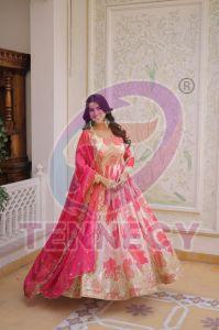Fancy V Neck Embroidered Russian Silk Gown Set