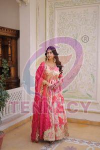 Fancy V Neck Embroidered Russian Silk Gown Set