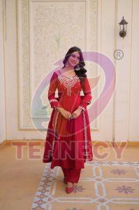 Mal Chanderi Red Embroidered Gown Set