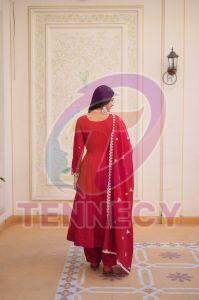 Mal Chanderi Red Embroidered Gown Set
