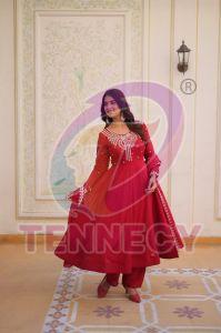 Mal Chanderi Red Embroidered Gown Set