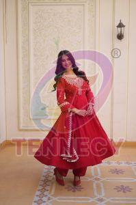 Mal Chanderi Red Embroidered Gown Set