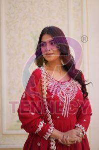 Mal Chanderi Red Embroidered Gown Set