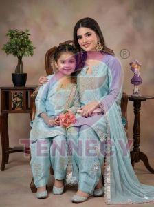 Mother Daughter Sky Blue Roman Silk Plazzo Set