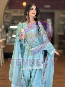 Mother Daughter Sky Blue Roman Silk Plazzo Set