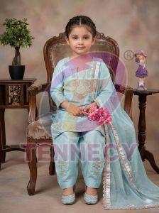 Mother Daughter Sky Blue Roman Silk Plazzo Set