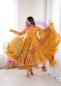 Mustard Yellow Chanderi Ruffle Gown Set