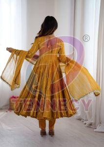 Mustard Yellow Chanderi Ruffle Gown Set