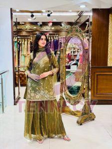 Olive Green Sequins Work Fendy Silk Palazzo Set
