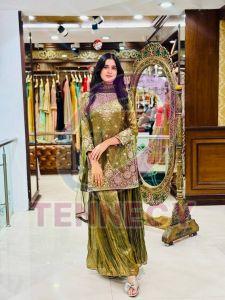 Olive Green Sequins Work Fendy Silk Palazzo Set