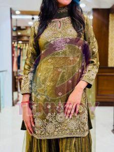 Olive Green Sequins Work Fendy Silk Palazzo Set